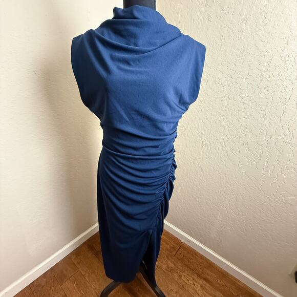 Adrienne Landau Onyx Navy Blue Ruched Sleeveless Cowl Neck Midi Dress NWT L - Picture 1 of 6